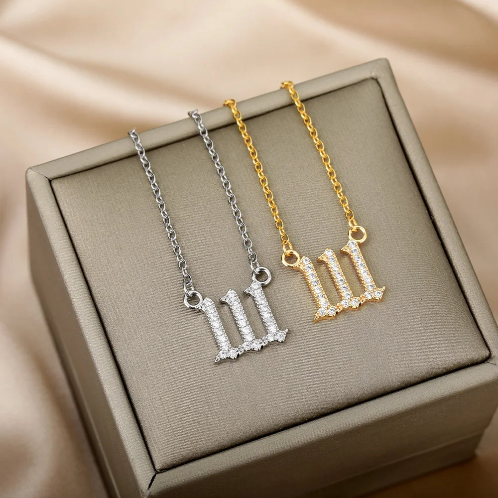Zircon Angel Number Necklaces 111 222 333 444 555 666 777 888 999 Stainless Steel Necklace For Women Devil Choker Trend Jewelry