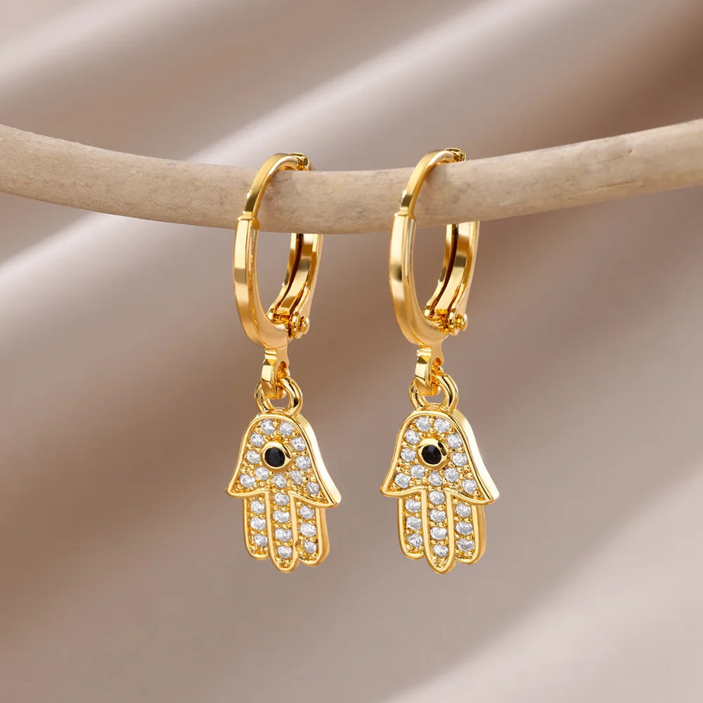 Fashion Punk Evil Eye Hoop Earrings for Women Gold Color Stainelss Steel Zircon Turkish Eye Fatima Hand Drop Earring Jewelry