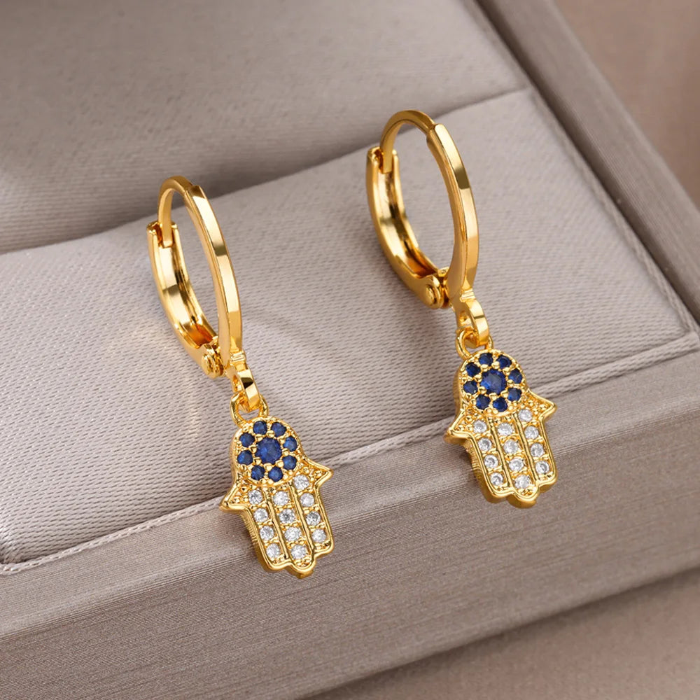 Fashion Punk Evil Eye Hoop Earrings for Women Gold Color Stainelss Steel Zircon Turkish Eye Fatima Hand Drop Earring Jewelry