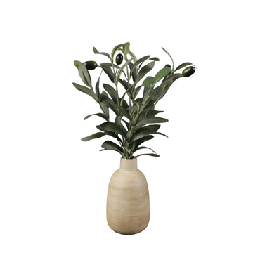 15 Inch Artificial Olive Potted Plant in Wood Finish Vase Home Office Decor Tabletop Accent Piece Realistic Foliage