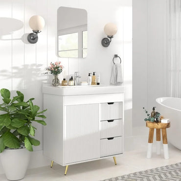 Bathroom Vanity with Sink, 31'' White Bathroom Sink Cabinet with Glide Door and 3 Drawers, Ceramic Sink Vanity Modern Minimalist
