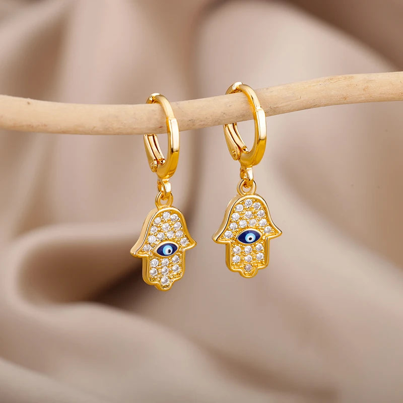 Fashion Punk Evil Eye Hoop Earrings for Women Gold Color Stainelss Steel Zircon Turkish Eye Fatima Hand Drop Earring Jewelry