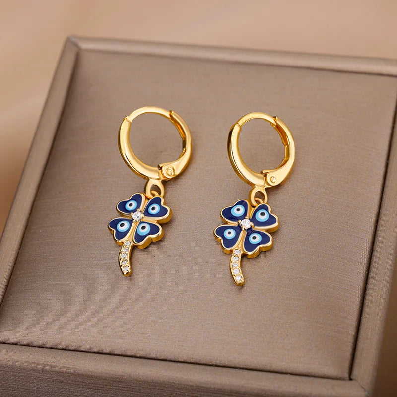 Fashion Punk Evil Eye Hoop Earrings for Women Gold Color Stainelss Steel Zircon Turkish Eye Fatima Hand Drop Earring Jewelry