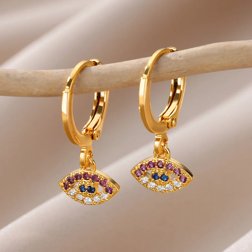 Fashion Punk Evil Eye Hoop Earrings for Women Gold Color Stainelss Steel Zircon Turkish Eye Fatima Hand Drop Earring Jewelry