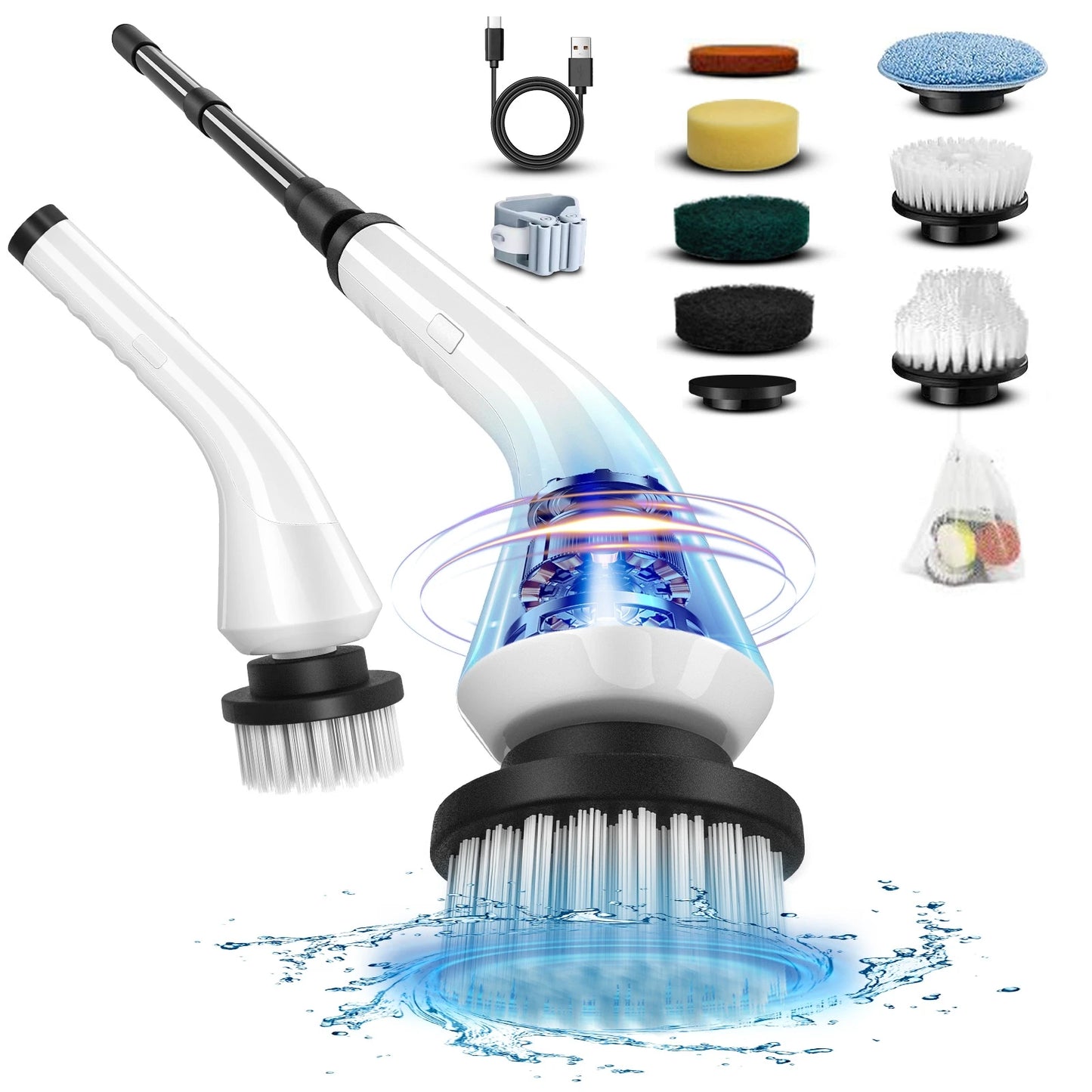 Electric Spin Scrubber, Electric scrubber with 8 Replaceable Brush Heads & Detachable Extension Handle, Power spin scrubber cord