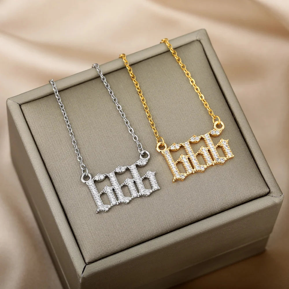Zircon Angel Number Necklaces 111 222 333 444 555 666 777 888 999 Stainless Steel Necklace For Women Devil Choker Trend Jewelry