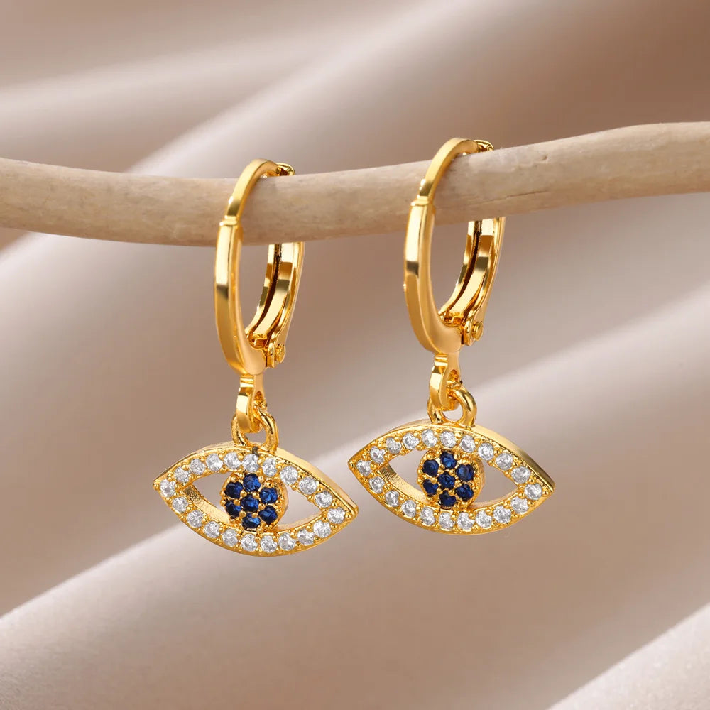 Fashion Punk Evil Eye Hoop Earrings for Women Gold Color Stainelss Steel Zircon Turkish Eye Fatima Hand Drop Earring Jewelry
