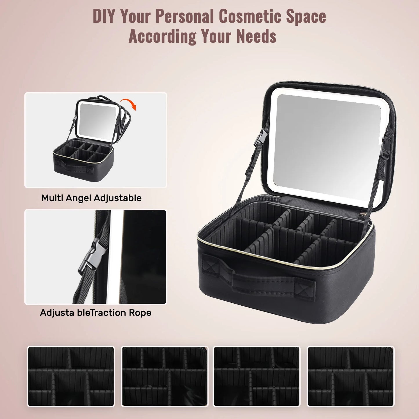 Travel Makeup Bag With LED Lighted Mirror, Makeup Train Case With Adjustable Dividers For Home,Gift,Vacation