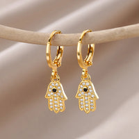 Fashion Punk Evil Eye Hoop Earrings for Women Gold Color Stainelss Steel Zircon Turkish Eye Fatima Hand Drop Earring Jewelry