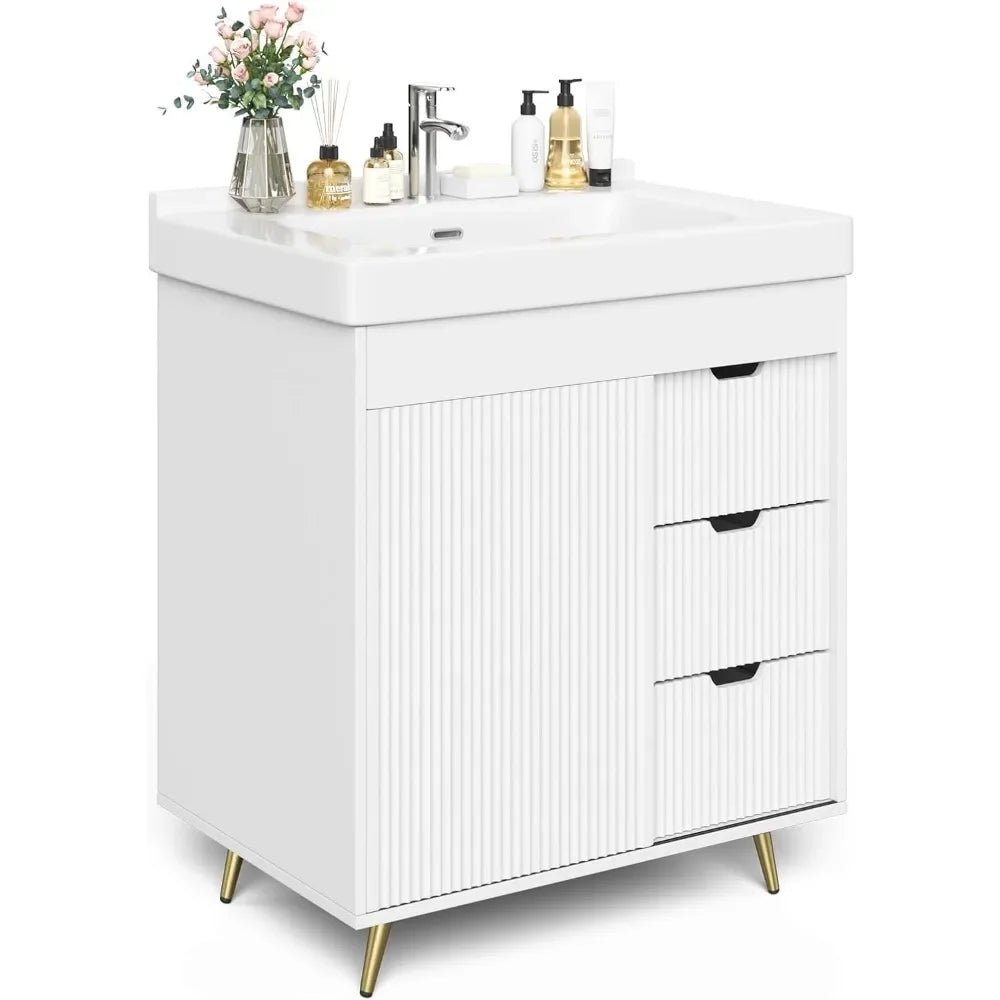 Bathroom Vanity with Sink, 31'' White Bathroom Sink Cabinet with Glide Door and 3 Drawers, Ceramic Sink Vanity Modern Minimalist