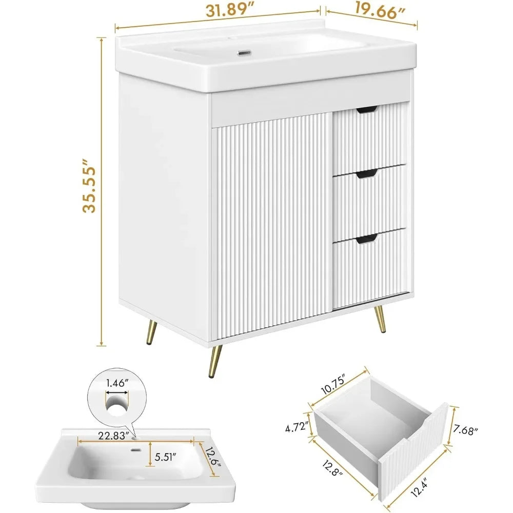 Bathroom Vanity with Sink, 31'' White Bathroom Sink Cabinet with Glide Door and 3 Drawers, Ceramic Sink Vanity Modern Minimalist