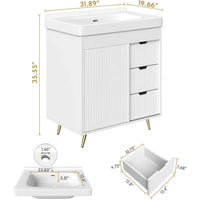 Bathroom Vanity with Sink, 31'' White Bathroom Sink Cabinet with Glide Door and 3 Drawers, Ceramic Sink Vanity Modern Minimalist