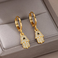 Fashion Punk Evil Eye Hoop Earrings for Women Gold Color Stainelss Steel Zircon Turkish Eye Fatima Hand Drop Earring Jewelry
