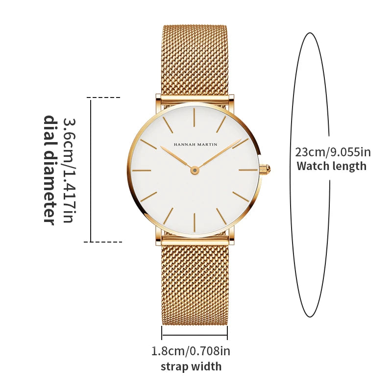 Hannah Martin Women Watch Top Brand Japan Quartz Movement 36mm Rose Gold Waterproof Fashionable Nordic Minimalist Ladies Watches