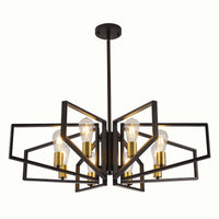 Modern 8-Light Geometric Chandelier Adjustable Height Metal Pendant Light with Black Frame & Golden Accents Ceiling Light Decor