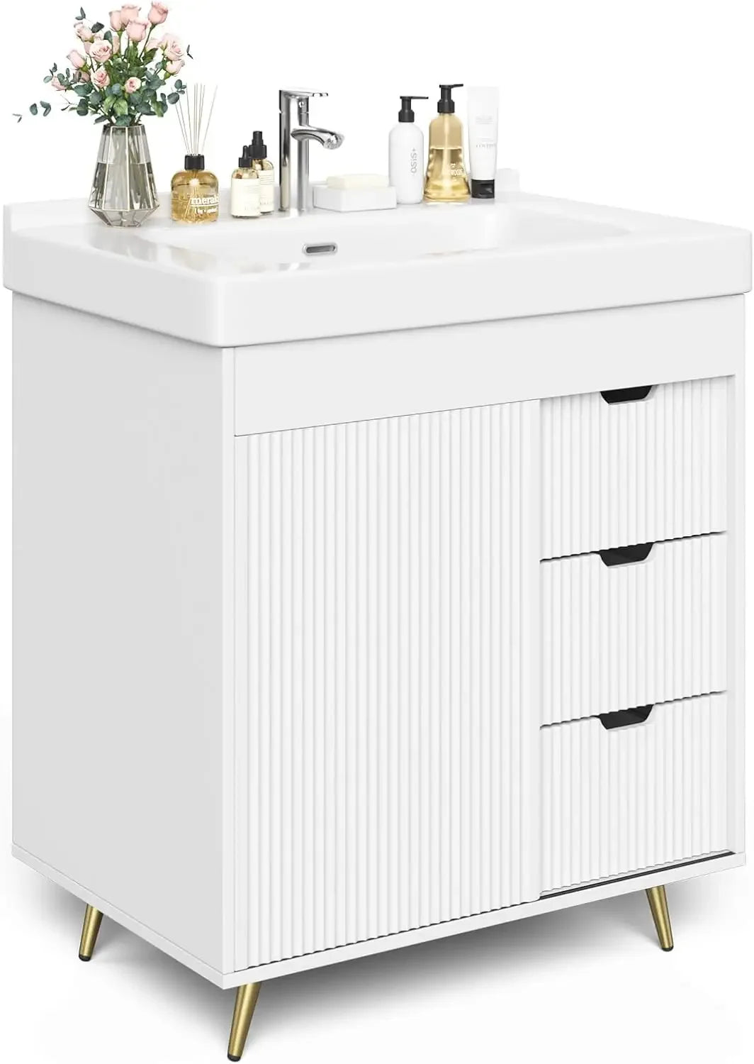 Bathroom Vanity with Sink, 31'' White Bathroom Sink Cabinet with Glide Door and 3 Drawers, Ceramic Sink Vanity Modern Minimalist