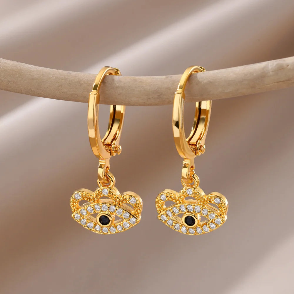 Fashion Punk Evil Eye Hoop Earrings for Women Gold Color Stainelss Steel Zircon Turkish Eye Fatima Hand Drop Earring Jewelry