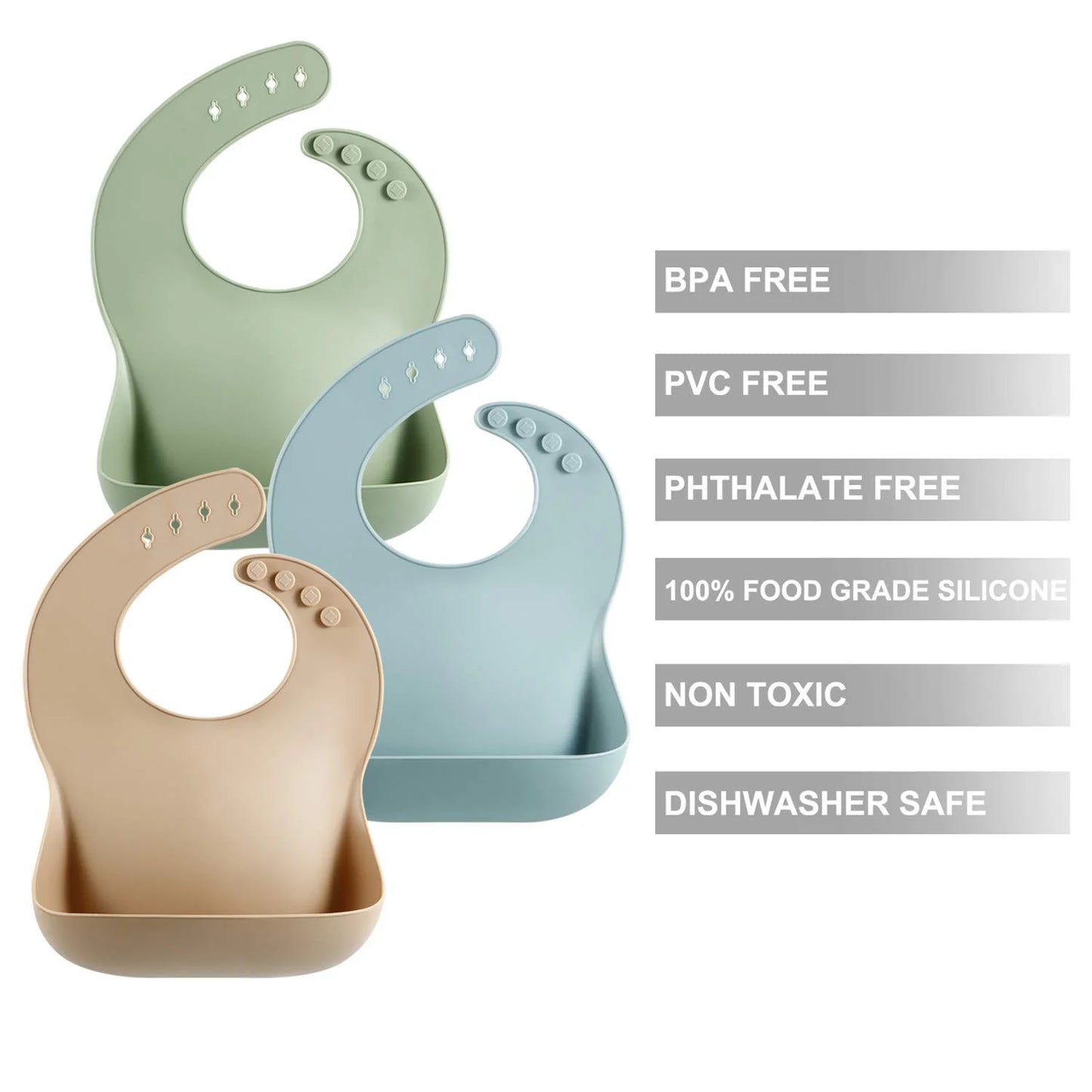 Set of 3 Silicone Baby Bibs Waterproof, Soft, Unisex, 10-72 Months (Brown/Blue/Green)