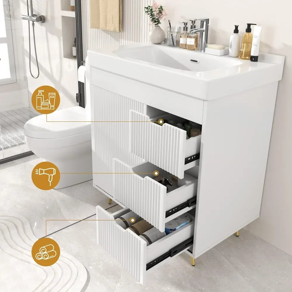 Bathroom Vanity with Sink, 31'' White Bathroom Sink Cabinet with Glide Door and 3 Drawers, Ceramic Sink Vanity Modern Minimalist