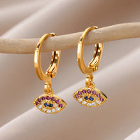 Fashion Punk Evil Eye Hoop Earrings for Women Gold Color Stainelss Steel Zircon Turkish Eye Fatima Hand Drop Earring Jewelry