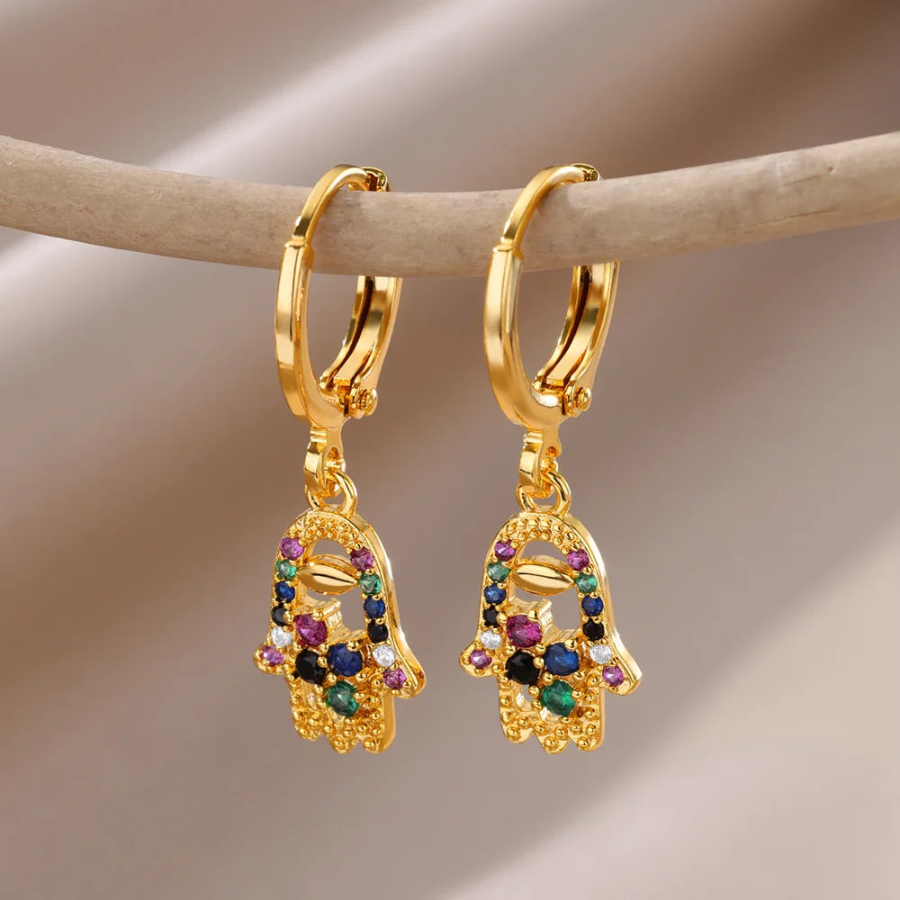 Fashion Punk Evil Eye Hoop Earrings for Women Gold Color Stainelss Steel Zircon Turkish Eye Fatima Hand Drop Earring Jewelry