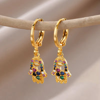 Fashion Punk Evil Eye Hoop Earrings for Women Gold Color Stainelss Steel Zircon Turkish Eye Fatima Hand Drop Earring Jewelry