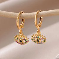 Fashion Punk Evil Eye Hoop Earrings for Women Gold Color Stainelss Steel Zircon Turkish Eye Fatima Hand Drop Earring Jewelry