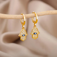 Fashion Punk Evil Eye Hoop Earrings for Women Gold Color Stainelss Steel Zircon Turkish Eye Fatima Hand Drop Earring Jewelry