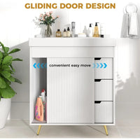 Bathroom Vanity with Sink, 31'' White Bathroom Sink Cabinet with Glide Door and 3 Drawers, Ceramic Sink Vanity Modern Minimalist