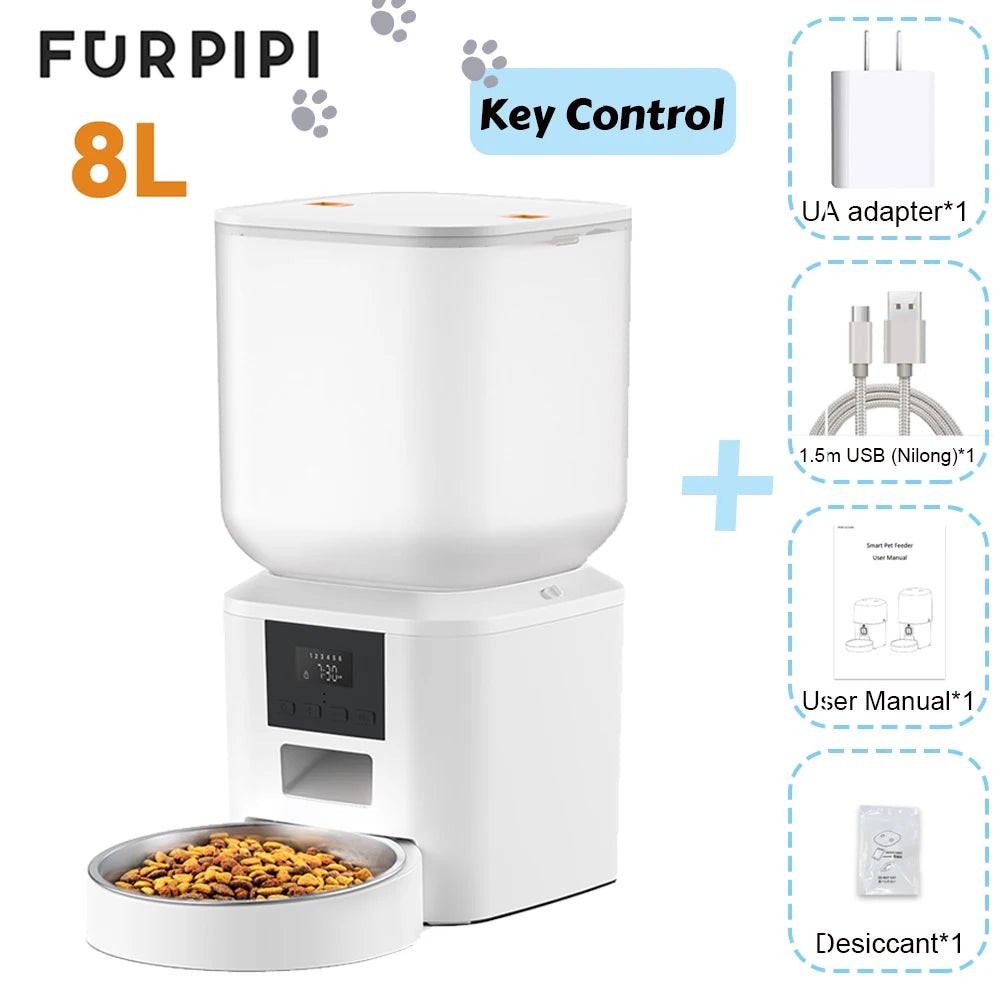 Furpipi Automatic Cat Feeders with Key Contol SUS ABS 8L Large Capacity Pet Smart Feeder Automatic Cat Dog Food Dispenser
