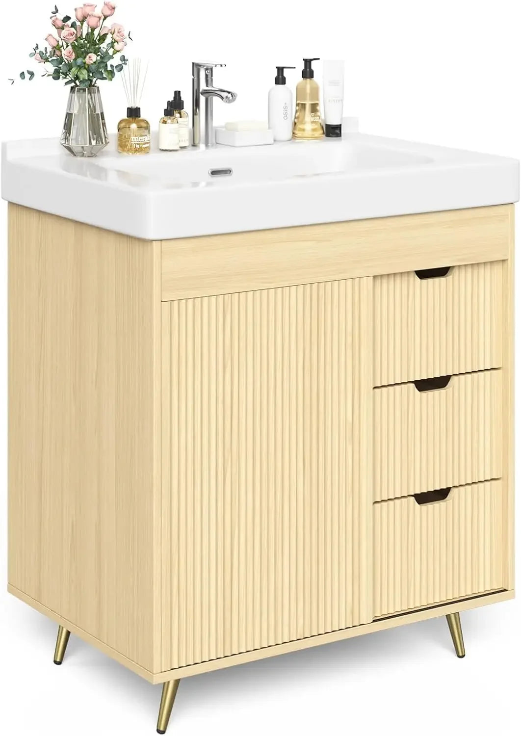Bathroom Vanity with Sink, 31'' White Bathroom Sink Cabinet with Glide Door and 3 Drawers, Ceramic Sink Vanity Modern Minimalist