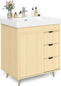 Bathroom Vanity with Sink, 31'' White Bathroom Sink Cabinet with Glide Door and 3 Drawers, Ceramic Sink Vanity Modern Minimalist