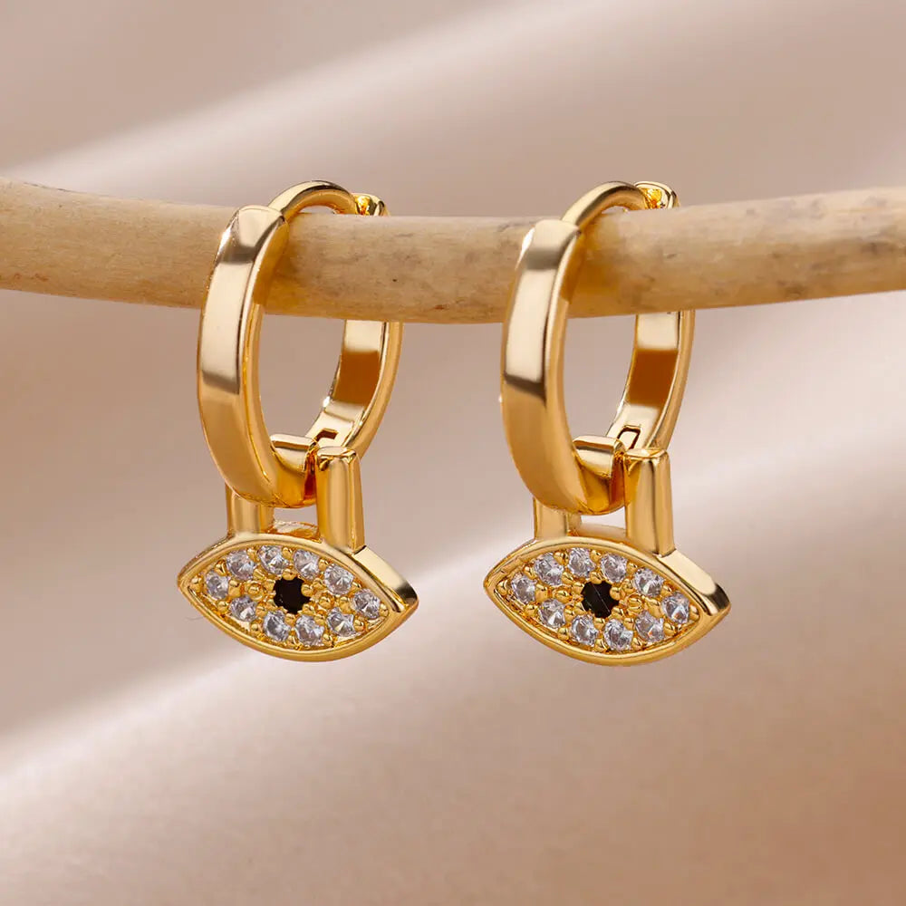 Fashion Punk Evil Eye Hoop Earrings for Women Gold Color Stainelss Steel Zircon Turkish Eye Fatima Hand Drop Earring Jewelry