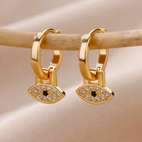 Fashion Punk Evil Eye Hoop Earrings for Women Gold Color Stainelss Steel Zircon Turkish Eye Fatima Hand Drop Earring Jewelry
